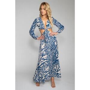 NWT RESA NOELLE Maxi Long Sleeve Cut Out Dress / Blue White Zebra / Size X-Small